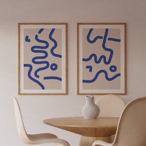 Abstract Art Print, Set of 2 Blue and Beige Wall Art, Royal Blue Art, Line Art Drawing, Minimalist Print, Blue Shapes, Digital Download