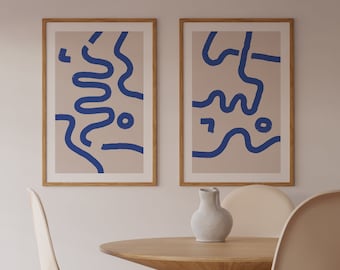 Abstract Art Print, Set of 2 Blue and Beige Wall Art, Royal Blue Art, Line Art Drawing, Minimalist Print, Blue Shapes, Digital Download