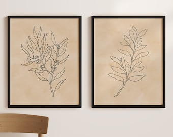 Botanical Print Set of 2, Set of 2 Botanical Prints, Line Art, Black Cream Vintage Art, Plant Wall Art, Set of Two, Minimalist Print