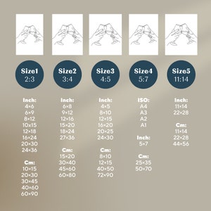 May include: Five different size options for a printable art print featuring a minimalist line drawing of two hands holding up glasses in a cheers toast. The sizes are listed in inches and centimeters.