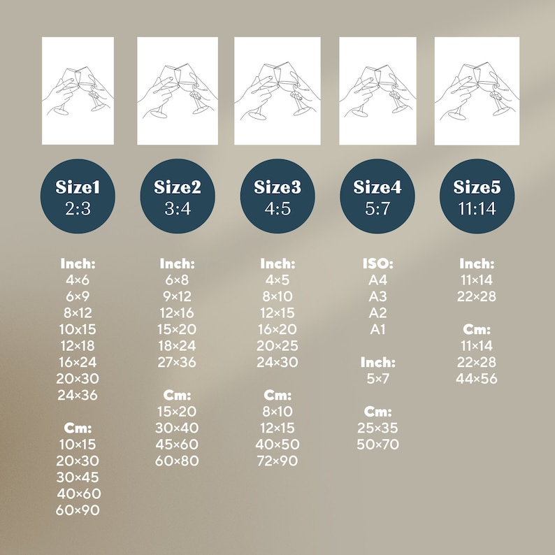 May include: Five different size options for a printable art print featuring a minimalist line drawing of two hands holding up glasses in a cheers toast. The sizes are listed in inches and centimeters.
