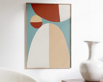May include: Abstract art print featuring a blue, white, beige, and red colour scheme. The print depicts overlapping geometric shapes, including circles and ovals.