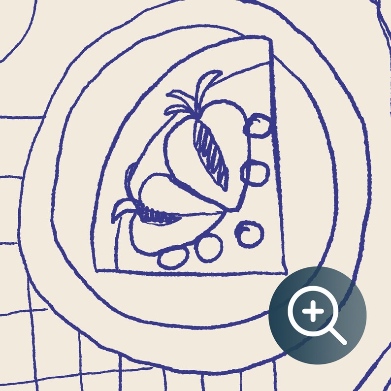 May include: A blue and white hand-drawn illustration of a plate with a fruit design. The plate is surrounded by concentric circles. A magnifying glass icon is in the lower right corner.