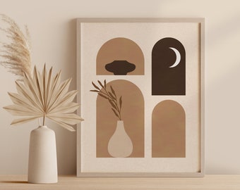 Boho Print, Earth Toned Boho Wall Art, Moon Wall Art, Bohemian Art, Vase and Plant Print, Minimalist Print, Earth Tones, Digital Download