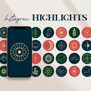 May include: A smartphone displaying a dark blue screen with a gold eye icon. The phone is surrounded by 25 circular icons with various gold designs on a dark blue, green, or red background. The text "Instagram HIGHLIGHTS" is at the top of the image.