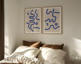 Blue Abstract Line Art Set of 2, Beige and Blue Wall Art, Minimalist Living Room Decor, Coastal Aesthetic, Digital Download