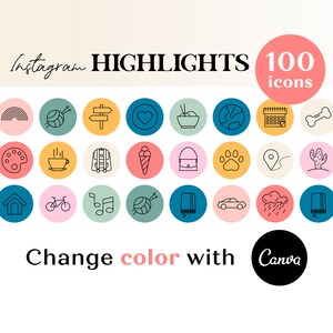 Lifestyle Instagram Highlights, Line Art Instagram Highlight Covers, Templates for Canva,  100 Colorful Instagram Icons, Editable Icons