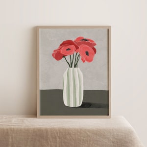 Impresión de arte de amapolas rojas, Arte de pared de flores de amapola, Ilustración floral, Póster de flores