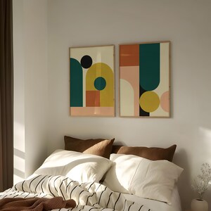 Conjunto de 2 peças de arte de parede em estilo moderno de meados do século XX, com estampas geométricas em tons terrosos, pôster abstrato retrô dos anos 70, arte imprimível em tamanho grande para decoração de sala de estar.