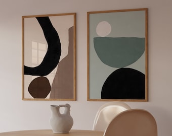 2er Set abstrakte Kunstdrucke, Neutrale Töne, minimalistisch Kunstdrucke, moderne zeitgenössische Kunst, Beige und Hellblaue Dekor, herunterladbare Drucke