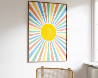 Arte de pared solar, Impresión retro Sunburst, Póster abstracto del sol, Impresión digital colorida, Impresión de vivero Boho, Arte de pared neutral, Descarga digital