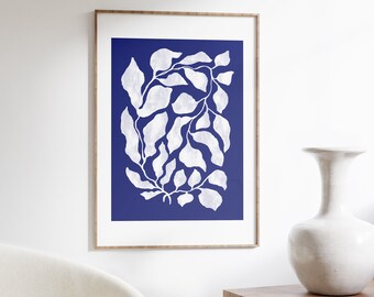 Blue Botanical Art Print, Leaves Wall Art, Plant Wall Decor, Mid Century Wall Art, Downloadable Prints, Printable Art