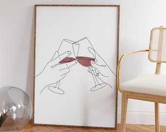 Red Wine Line Art Print, Minimalist Toast (Digital Download)