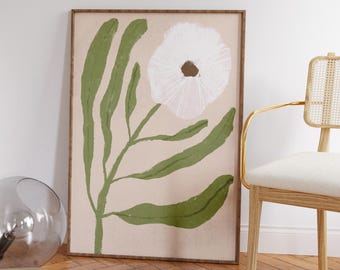 Impressão minimalista de flores brancas, arte botânica para parede (download digital)