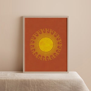 Yellow Sunrise Print, Retro Sun Wall Art, Boho Art Print, Mid Century Art, Vertical Sun Poster, Sun, Modern Sun Print, Instant Download