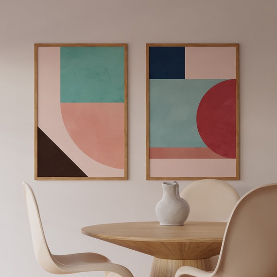 Colorful Geometric Wall Art Set of 2 Art Prints Abstract Etsy
