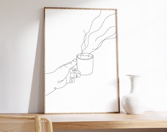 May include: Line art drawing of a hand holding a cup of coffee with steam rising from it.