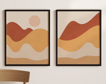 Zestaw 2 wydruków, Mid Century Modern, sztuka ścienna w stylu boho, 2-częściowy obraz ścienny, wydruk z krajobrazem górskim, abstrakcyjny krajobraz, drukowana sztuka ścienna