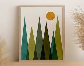 May include: A framed print of a minimalist geometric mountain landscape with a yellow sun. The mountains are in shades of green and blue.