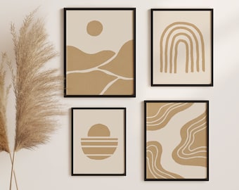 Conjunto de 4 impresiones de formas abstractas, tonos tierra, arte mural beige, conjunto de 4 impresiones, arte minimalista, impresión de arcoíris, descarga digital