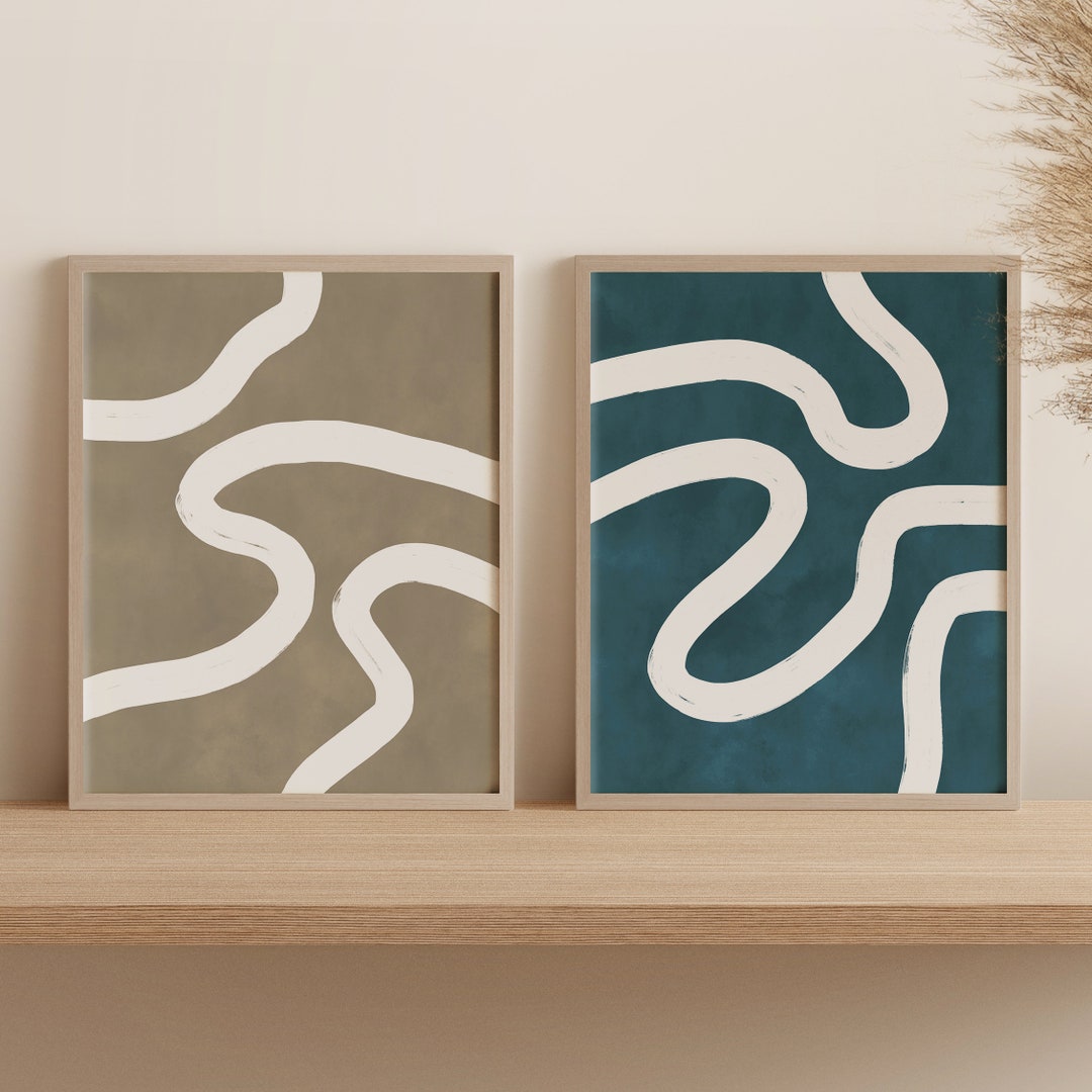 Abstract Line Art Prints: Blue & Beige Minimalist Wall Decor (digital ...