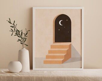 Modern Architecture Print, Architecture Poster, Architectural Prints, Moon and Stars Print, Celestial Print, Stars Wall Art,Instant Download