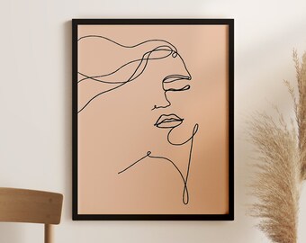 抽象的な女性の線画アートプリント、ボヘミアン風の女性の顔のイラスト（デジタルダウンロード）