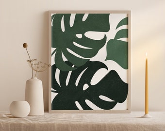 Impresión de hojas de monstera: Arte mural botánico tropical (descarga digital)