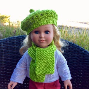 18 Inch Doll Clothes - Bright Green Knitted Hat Tam Beret and Matching Scarf - Fits American Girl Doll Hand Made AG Doll Clothes