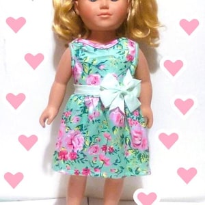 18 Inch Doll Dress: Blue Floral, Removable Bow - Fits American Girl