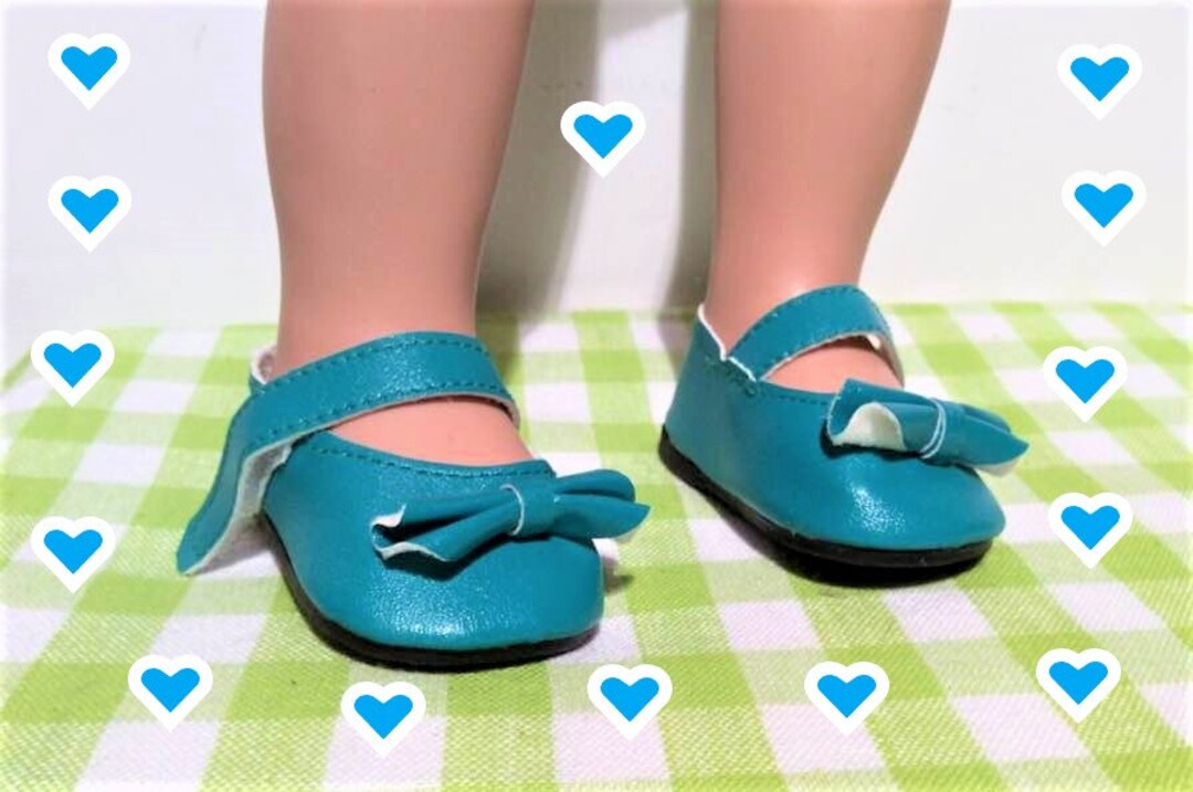 18 Inch Doll Shoes Bright Teal Blue With Bow Easy on Strap Fits