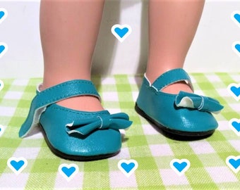 18 Inch Doll Shoes - Bright Teal Blue with Bow - Easy On Strap - Fits American Girl Doll - Doll Accessory - Doll Strapped Shoe