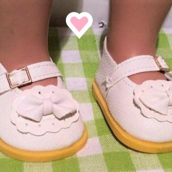 18 Inch Doll Shoes - White Mary Janes with White Bow - Fits American Girl Doll - Doll Clothes Accessory - Velcro Strap for Easy On