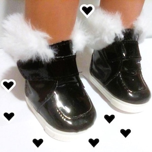 18 inch Doll Boots - Shiny Black Easy On Fuzzy Fur Doll Boots - Accessory Doll Clothes Fits American Girl Doll
