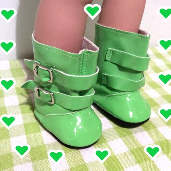18 inch Doll Boots - Lime Green Shiny Plastic Pull On Go Go Boots  -  Fits American Girl Doll Accessory Doll Clothes