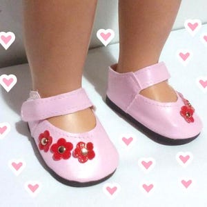 18 Inch Doll Shoes - Light Pink Mary Jane Shoes with Dark Pink Flowers - Fits American Girl Doll - Doll Accessories