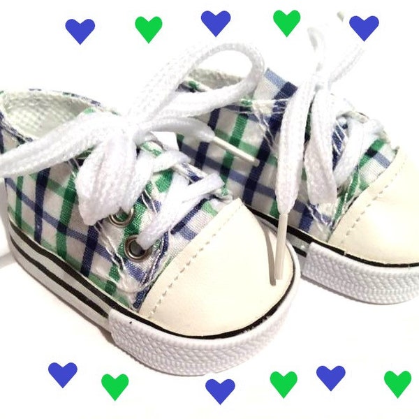 18 Inch Doll Tennis Shoes - Royal Blue and Green Plaid Sneakers Tennis Shoes - Fits American Girl Doll - Doll Accessories