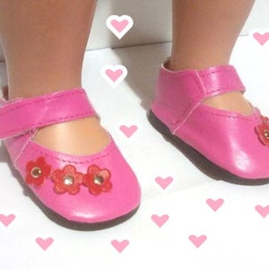 18 Inch Doll Shoes - Hot Pink Mary Janes with Little Pink Flowers Fits American Girl Doll