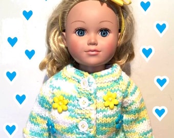 18" Doll Cardigan Sweater - Hand Knit - Light Yellow and Blue Sweater Variegated - Acrylic Yarn - Fits American Girl Doll