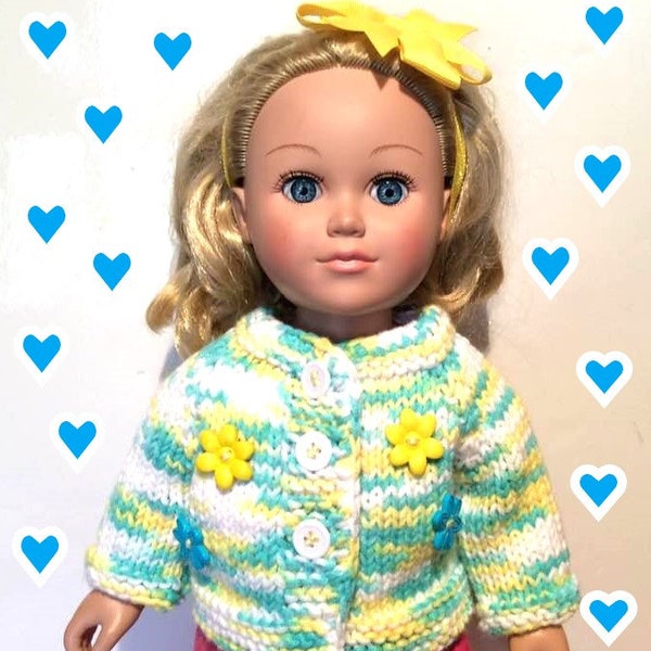 18" Doll Cardigan Sweater - Hand Knit - Light Yellow and Blue Sweater Variegated - Acrylic Yarn - Fits American Girl Doll