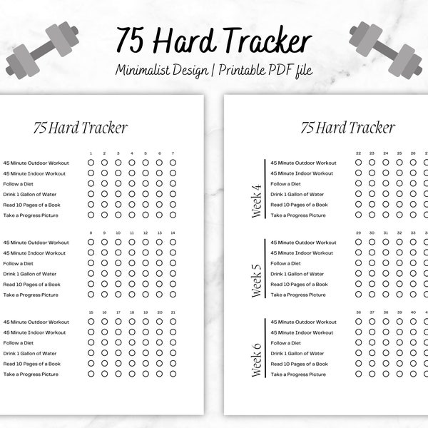 Minimaliste 75 Hard Challenge Tracker imprimable en téléchargement numérique PDF, 75 Hard Tracker Goodnote, 75 Hard Template, 75 Hard, Journal de remise en forme