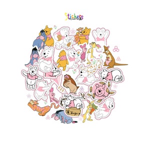 Cute Winnie the Pooh in Pink Vinyl Sticker/ Decals Set of 24pc. Pooh Bear, Tiger, Piglet ETC...