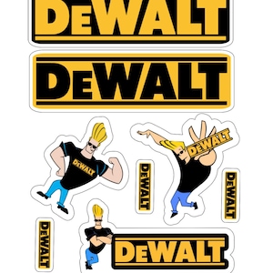 May include: A selection of stickers displaying the "DEWALT" logo in yellow and black, alongside cartoon illustrations of a muscular man with blonde hair and sunglasses. The stickers are on a white background.