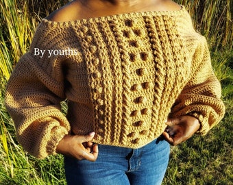 Crochet off the shoulder sweater, fall sweater, xs-3xl, plus size jumper, PDF Pattern