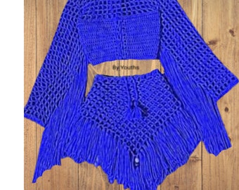 Plus Size Crochet 3 piece, Plus Size Beach Party Cover Up, handmade Crochet For Women,Tassels Coverup, Sexy Crochet outfit, slow fashion