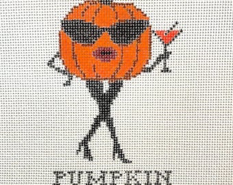 Pumpkin Spicy Needlepoint Canvas – Sexy Pumpkin Halloween Needlepoint 18 Mesh 3x5 – Martini Glass, Sunglasses, Stilettos Hand Painted