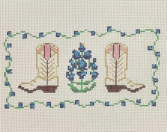 Cowboy Boot and Bluebonnets Needlepoint Canvas -- Hand-painted on 18 mesh -- Amazon acrylic bag insert