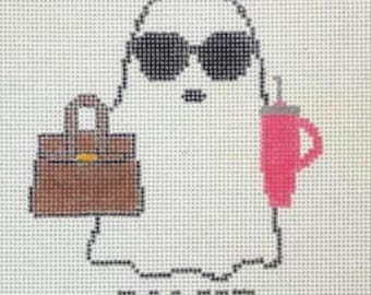 Boojie Ghost Needlepoint Canvas: Chic Halloween Design, Birkin & Stanley Cup