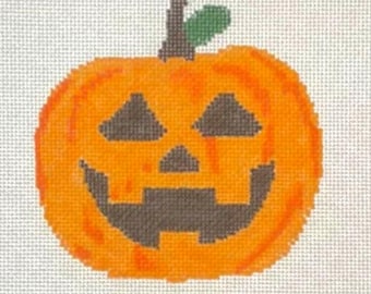 Jack-o’-Lantern Needlepoint Canvas – Halloween Needlepoint Pumpkin Hand Painted 18 Mesh 4x4 – Fun Spooky Stitch Design