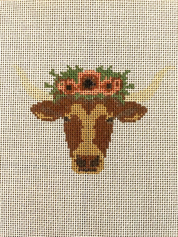Longhorn Needlepoint Canvas | Texas Needlepoint | Fall Floral Crown Ornament | Hand Painted 18 Mesh